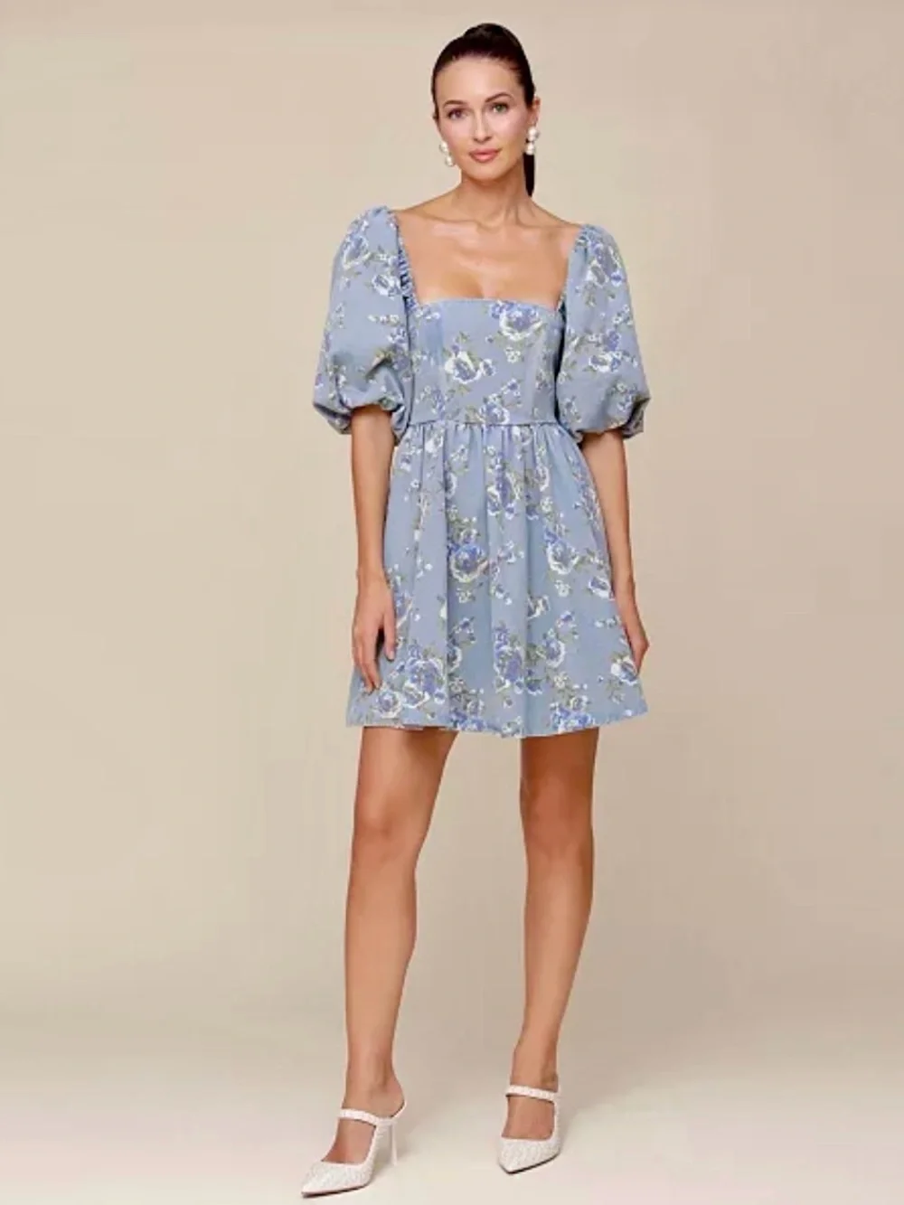AVEC LES FILLES Square-Neck Puff-Sleeve Floral Mini Dress